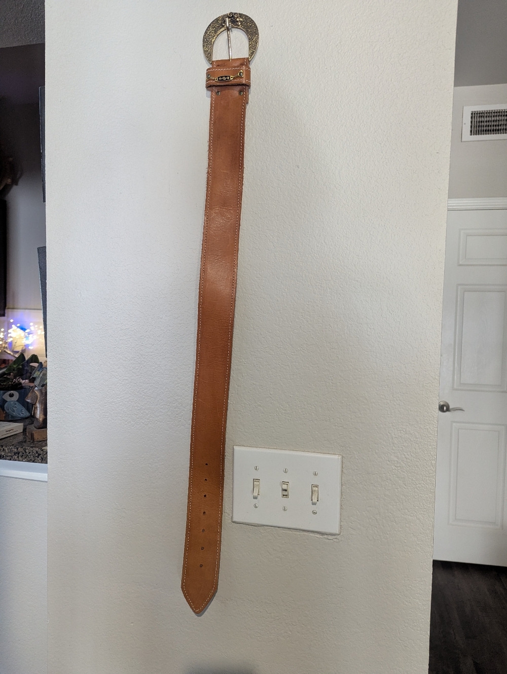 Wide Tan/ Cognac ladies Leather Belt with Ornate Gold Buckle.